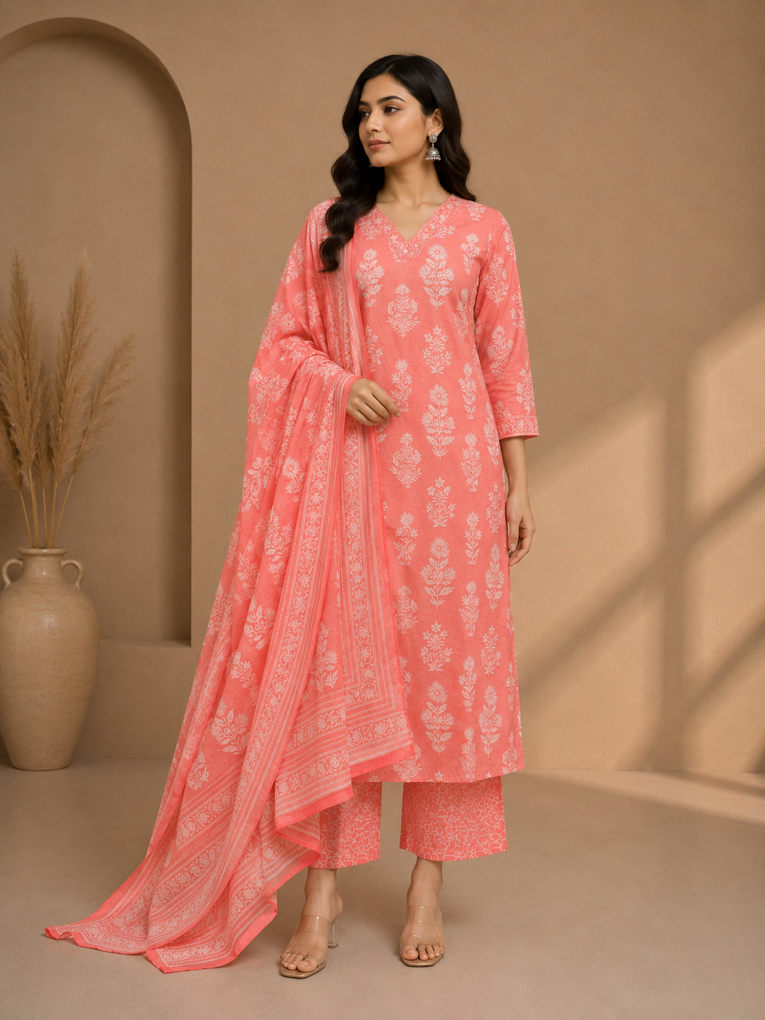 Peach Floral Printed Cotton Kurta Set with Dupatta